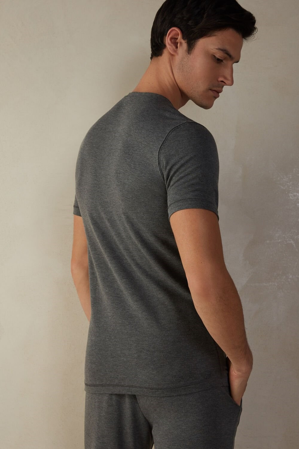 Dark Grey - 5227 - Heathered Graphite Grey Intimissimi Short-Sleeve Modal-Cashmere Top | YNQZ-98361