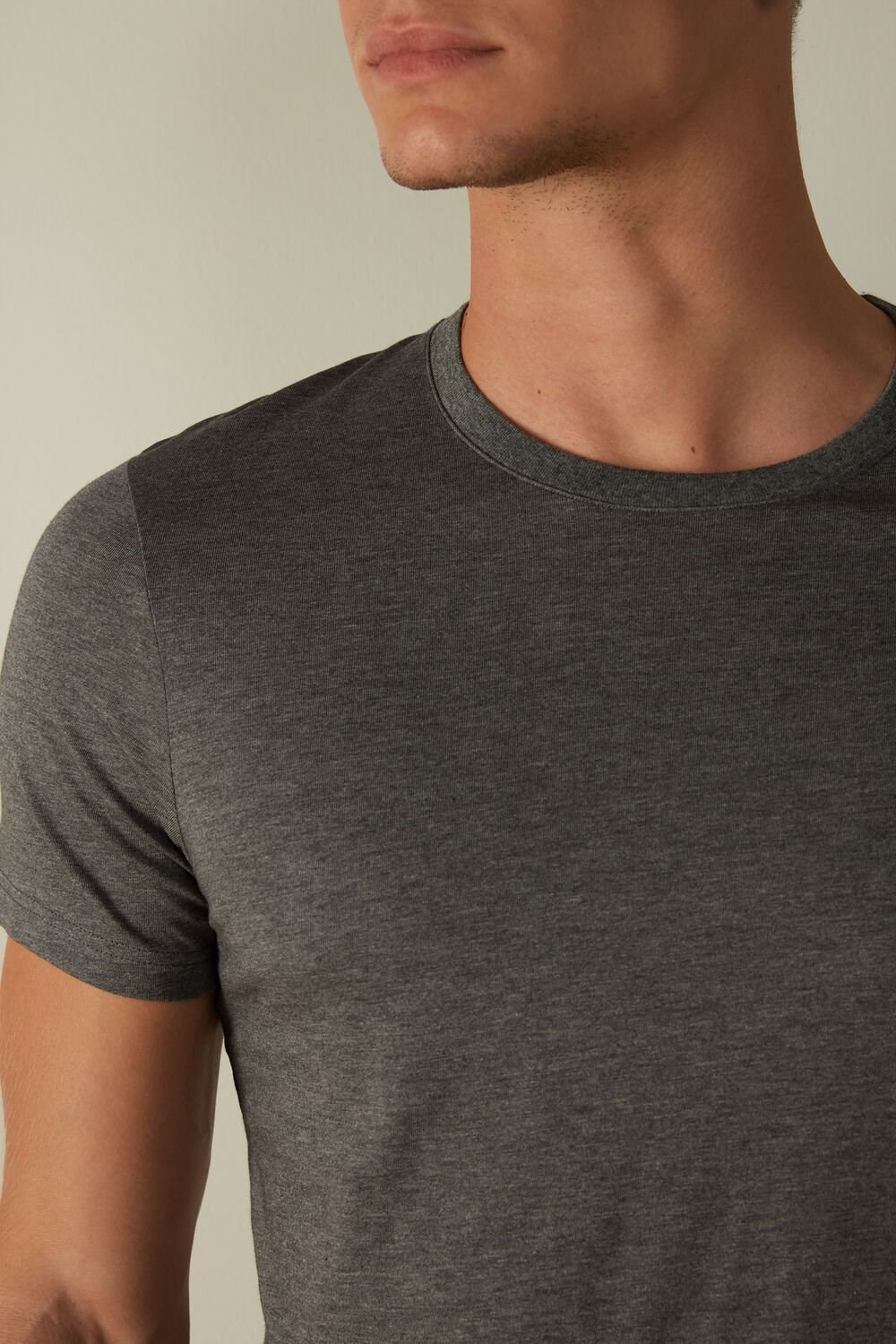 Dark Grey - 5227 - Heathered Graphite Grey Intimissimi Short Sleeve Crew Neck T Shirt in Supima® Cotton | YWLK-31749