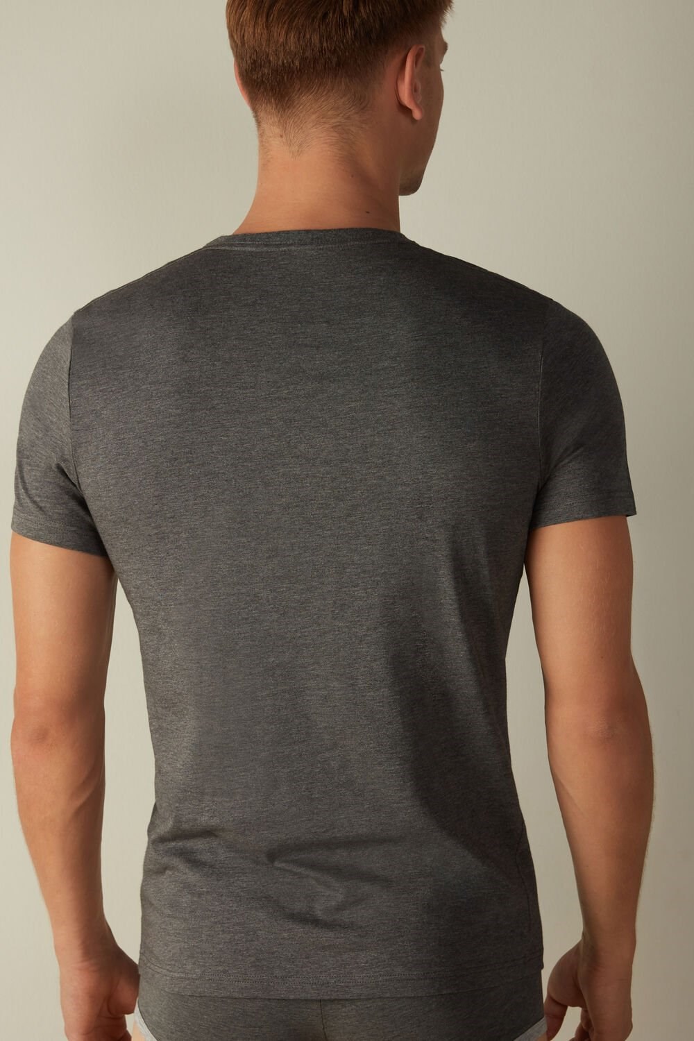 Dark Grey - 5227 - Heathered Graphite Grey Intimissimi Short Sleeve Crew Neck T Shirt in Supima® Cotton | YWLK-31749