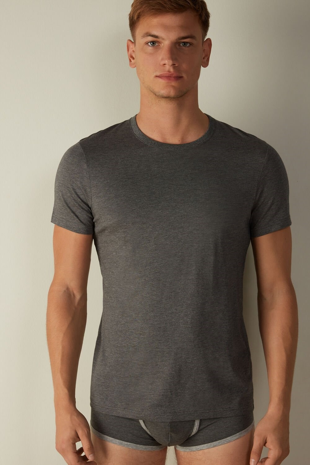 Dark Grey - 5227 - Heathered Graphite Grey Intimissimi Short Sleeve Crew Neck T Shirt in Supima® Cotton | YWLK-31749