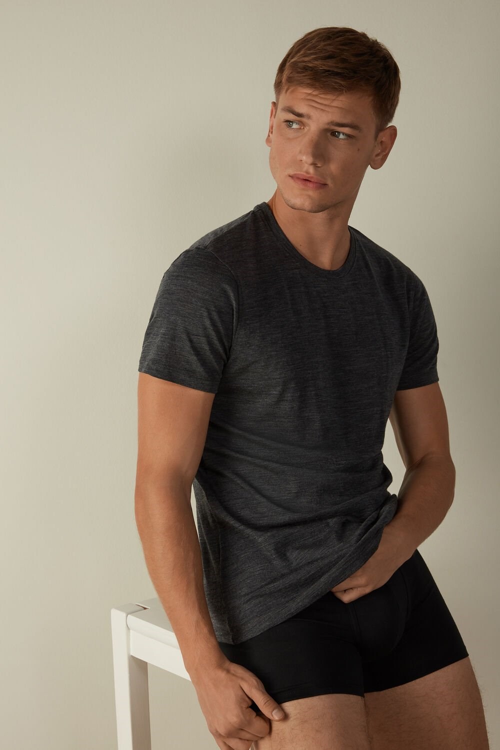 Dark Grey - 7522 - Charcoal Grey Blend Intimissimi Stretch Merino Wool Short-Sleeve T-Shirt | DKFG-34795