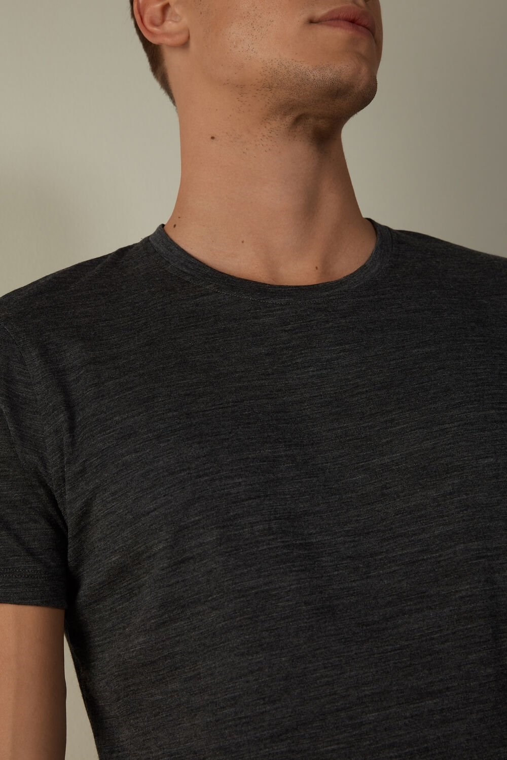 Dark Grey - 7522 - Charcoal Grey Blend Intimissimi Stretch Merino Wool Short-Sleeve T-Shirt | DKFG-34795