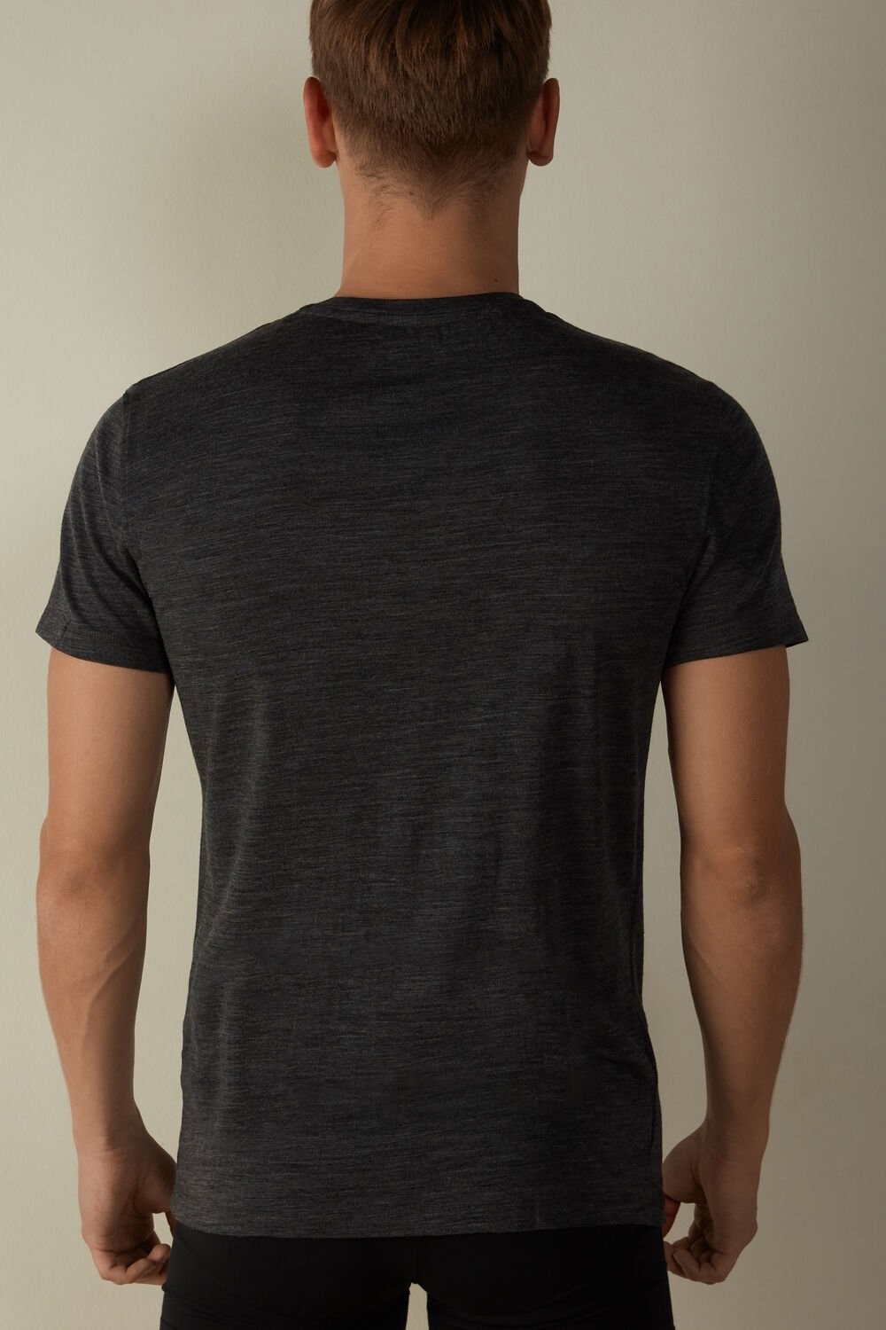 Dark Grey - 7522 - Charcoal Grey Blend Intimissimi Stretch Merino Wool Short-Sleeve T-Shirt | DKFG-34795