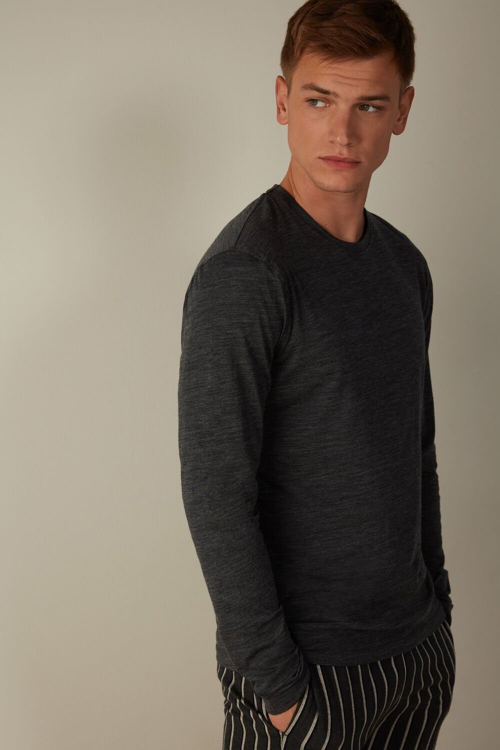 Dark Grey - 7522 - Charcoal Grey Blend Intimissimi Long-sleeve Crew-Neck Merino-Wool Top | IYCQ-35902