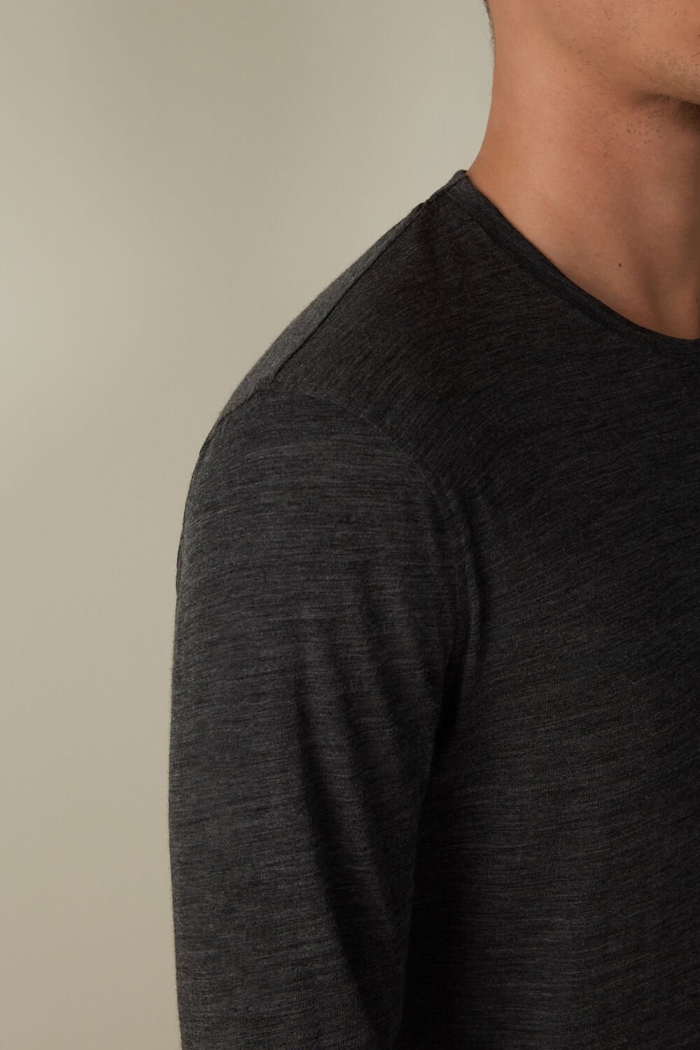 Dark Grey - 7522 - Charcoal Grey Blend Intimissimi Long-sleeve Crew-Neck Merino-Wool Top | IYCQ-35902