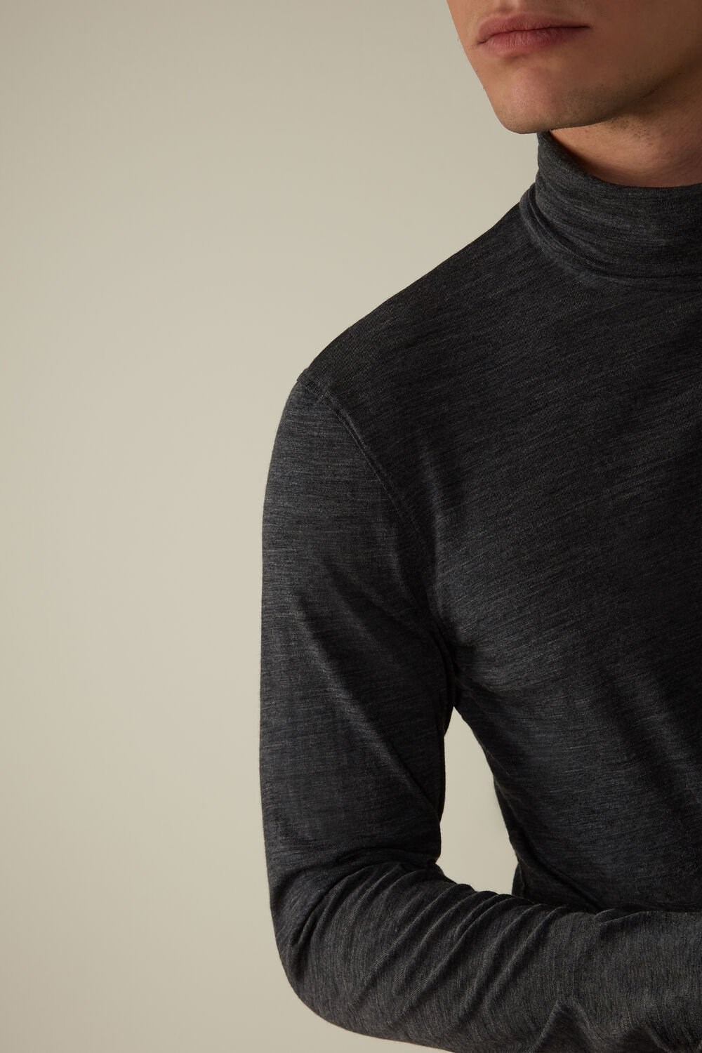 Dark Grey - 7522 - Charcoal Grey Blend Intimissimi Long-sleeve High-Neck Merino-Wool Top | OVXR-95842