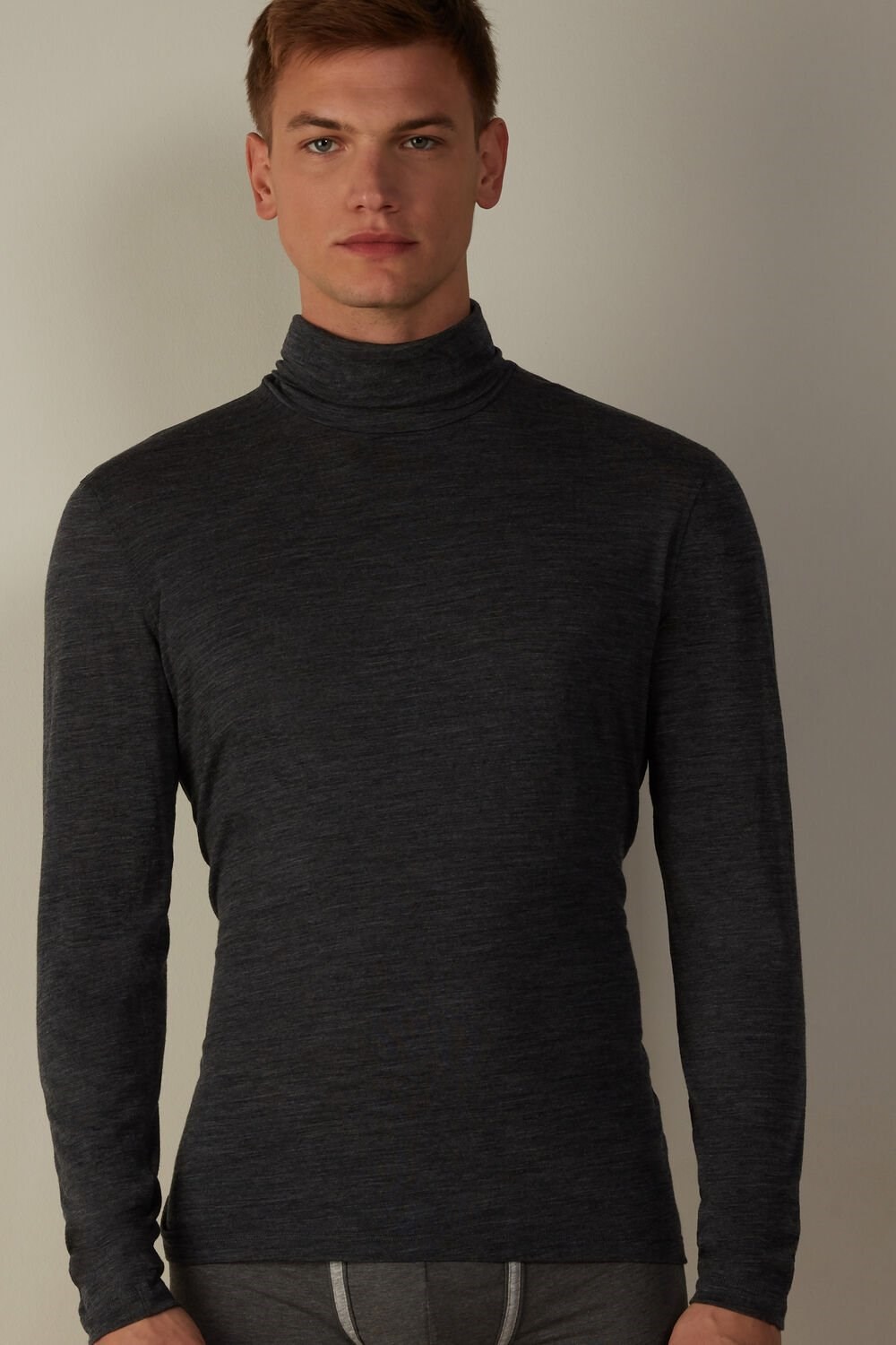 Dark Grey - 7522 - Charcoal Grey Blend Intimissimi Long-sleeve High-Neck Merino-Wool Top | OVXR-95842