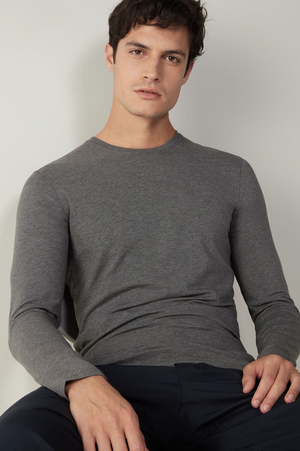 Dark Grey - Intimissimi Long-Sleeve Stretch Supima Cotton Top | WXEQ-01643