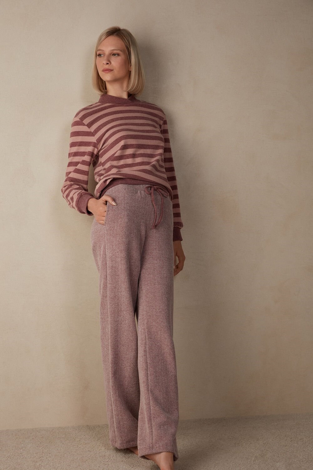 Dark Pink - 159j - Dark Pink Herringbone Intimissimi Winter Candies Full Length Sweatpants | DHMX-10498