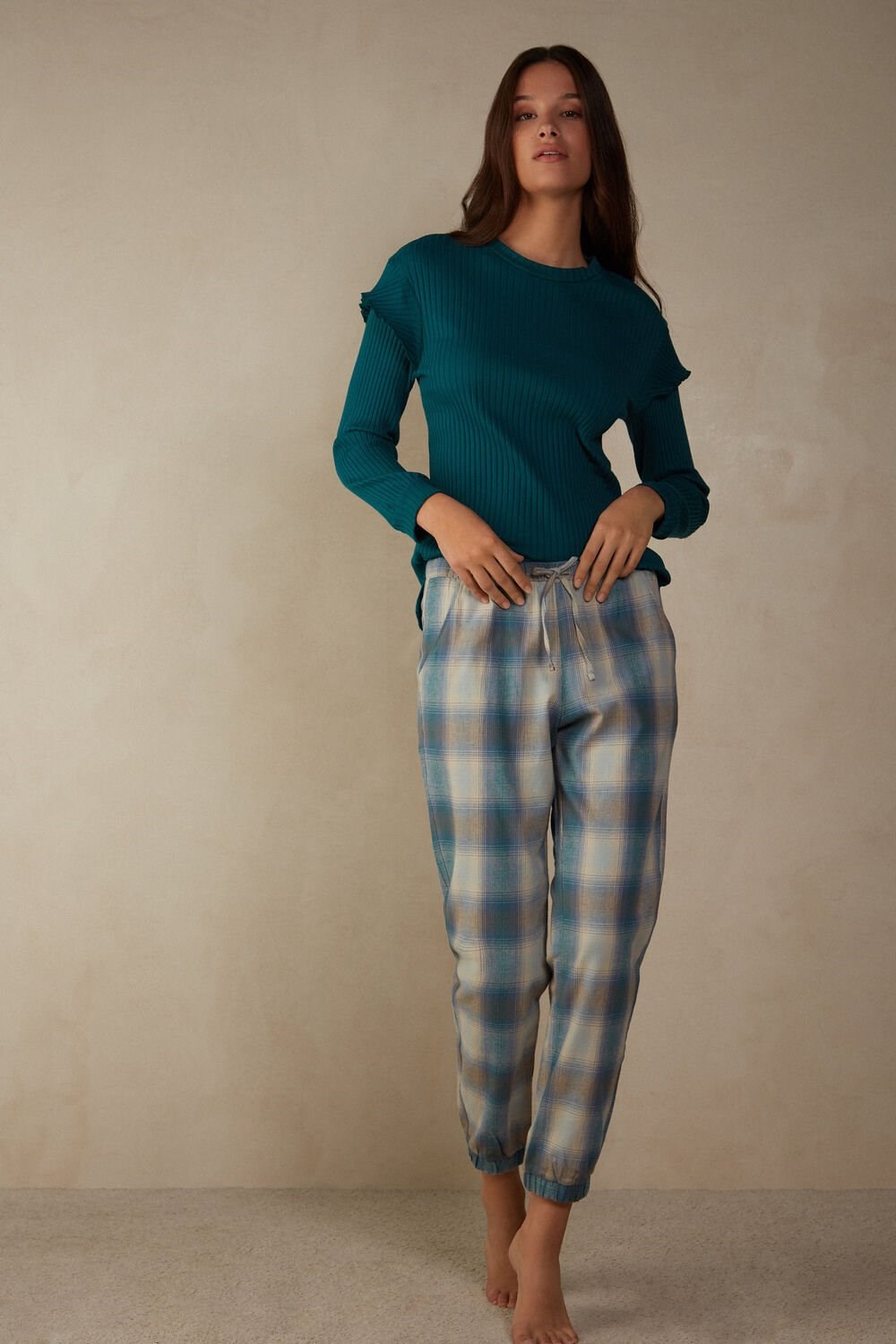 Green - 148j - Evergreen / Blue Nile Check Print Intimissimi Cozy Mountains Brushed Cloth Pants with Cuffs | SFGN-93621