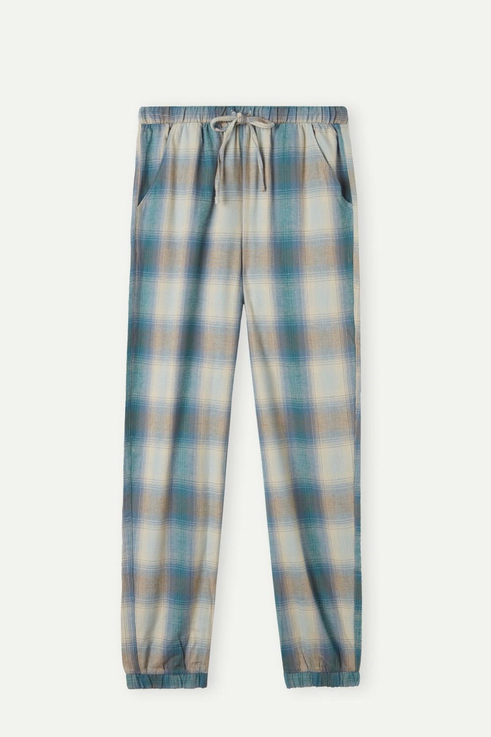 Green - 148j - Evergreen / Blue Nile Check Print Intimissimi Cozy Mountains Brushed Cloth Pants with Cuffs | SFGN-93621