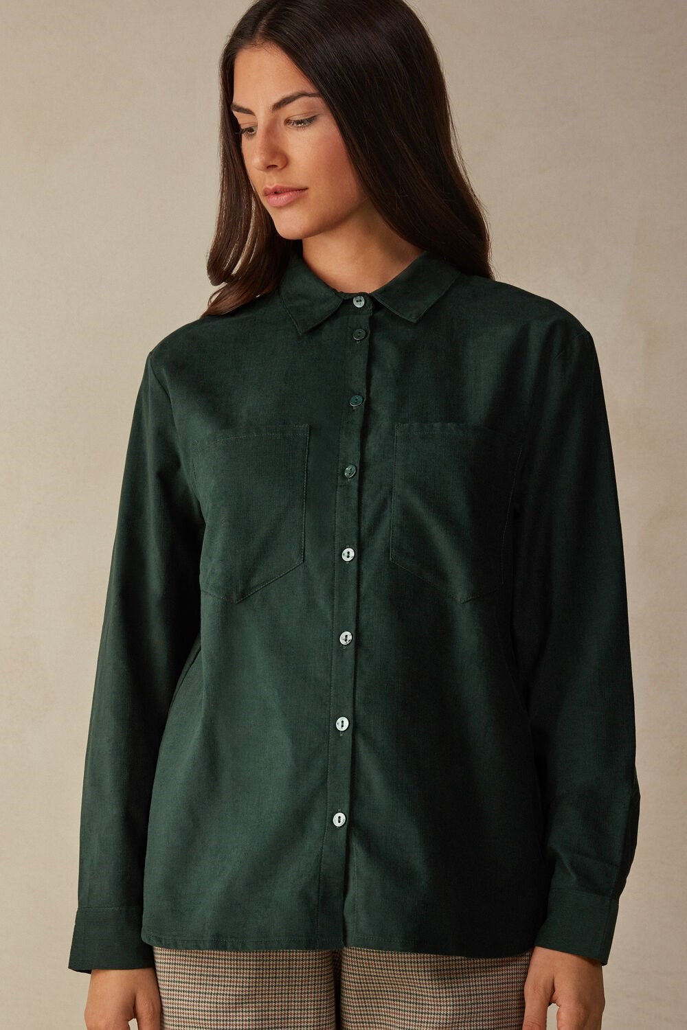 Green - 152j - Green Foliage Intimissimi Slow and Cozy Velvet Shirt | BQSO-68245