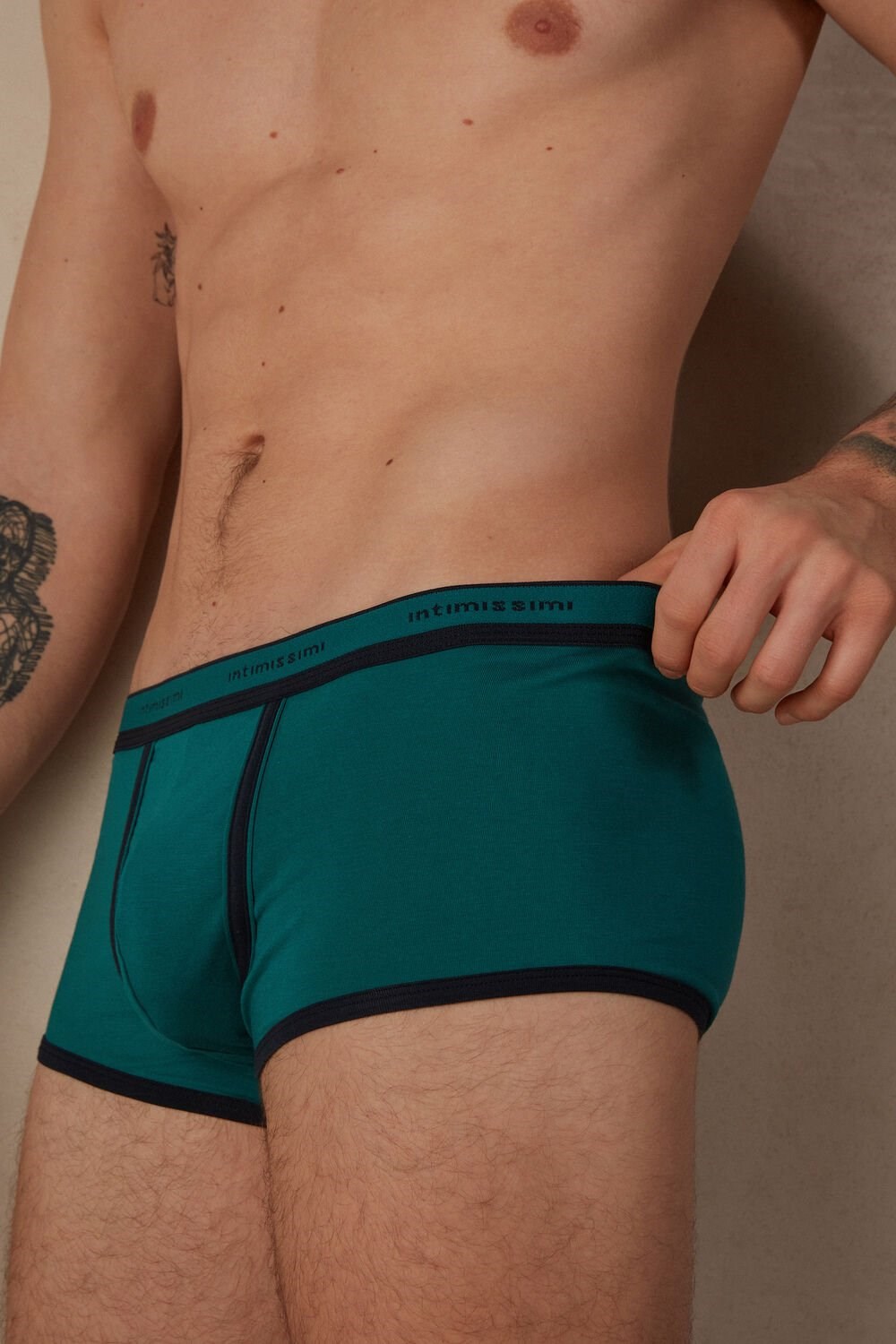 Green - 203j - Teal Green / Midnight Blue Intimissimi Stretch Supima® Cotton Boxer Shorts with Logo Detail | UOBS-54710