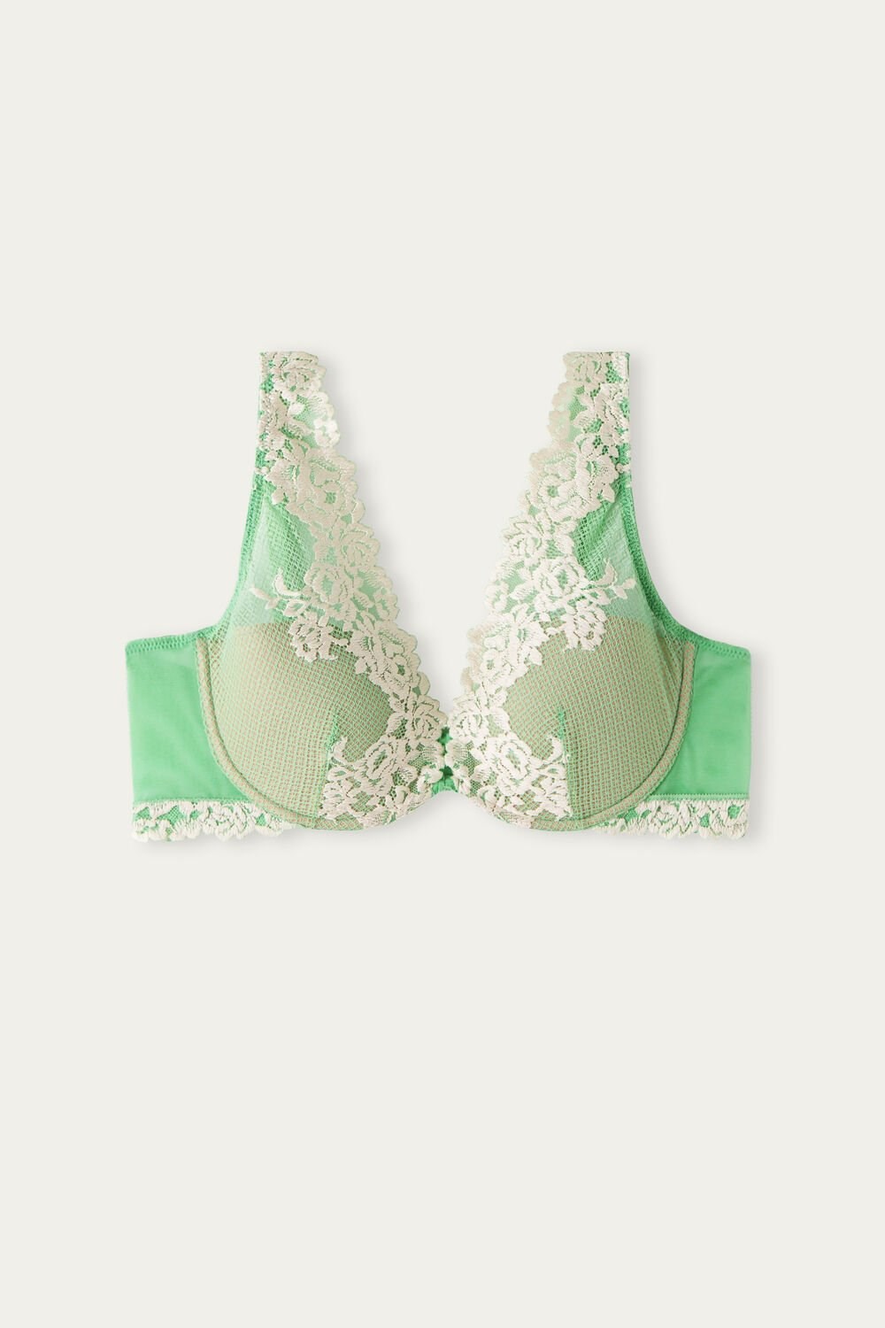 Green - 215j - Apple Mint / Ivory Intimissimi Pretty Flowers Elena Balconette Bra | VQEY-14685