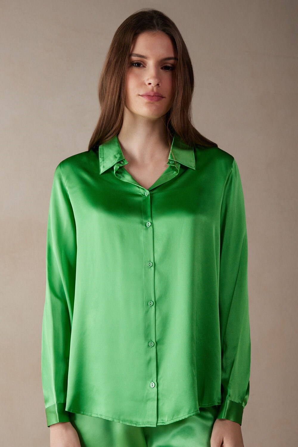 Green - 218j - Apple Mint Intimissimi Long Sleeve Silk Shirt | RZUB-47385