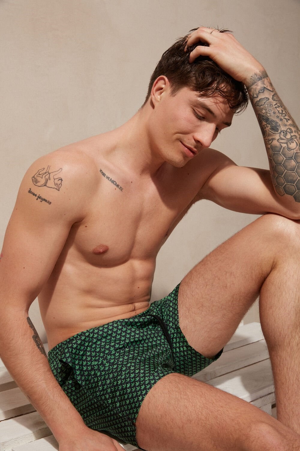 Green - 270j - Black Hemp Microprint Intimissimi Micro Leaf Print Swim Trunks | PQOX-31726