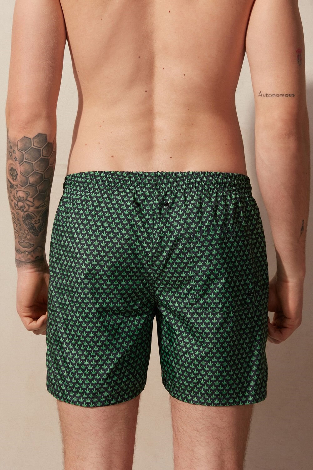 Green - 270j - Black Hemp Microprint Intimissimi Micro Leaf Print Swim Trunks | PQOX-31726