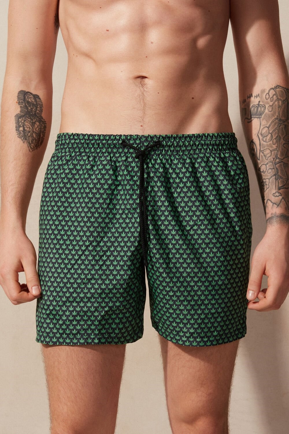 Green - 270j - Black Hemp Microprint Intimissimi Micro Leaf Print Swim Trunks | PQOX-31726