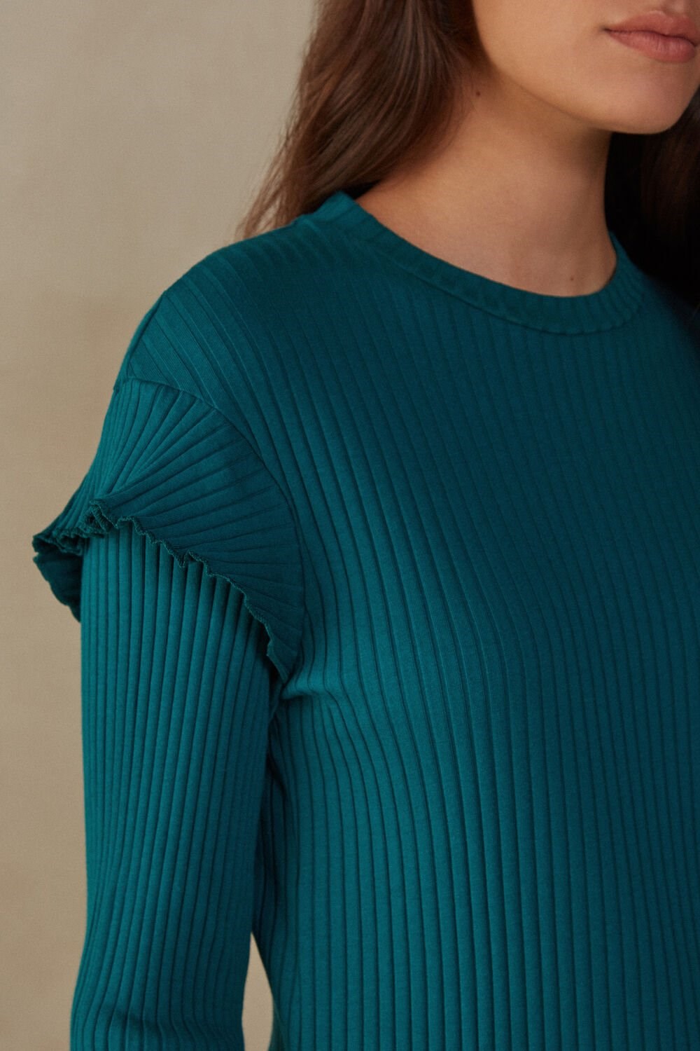 Green - 4572 - Evergreen Intimissimi Cozy Mountains Long Sleeve Ribbed Top | HOWF-75983