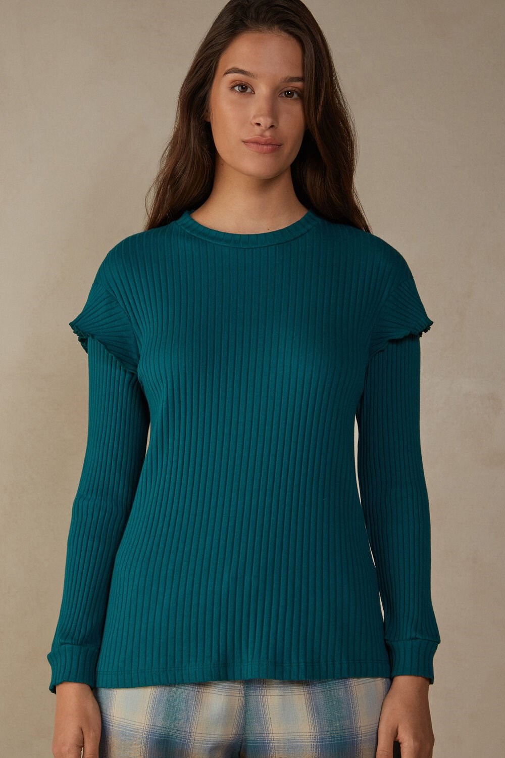 Green - 4572 - Evergreen Intimissimi Cozy Mountains Long Sleeve Ribbed Top | HOWF-75983