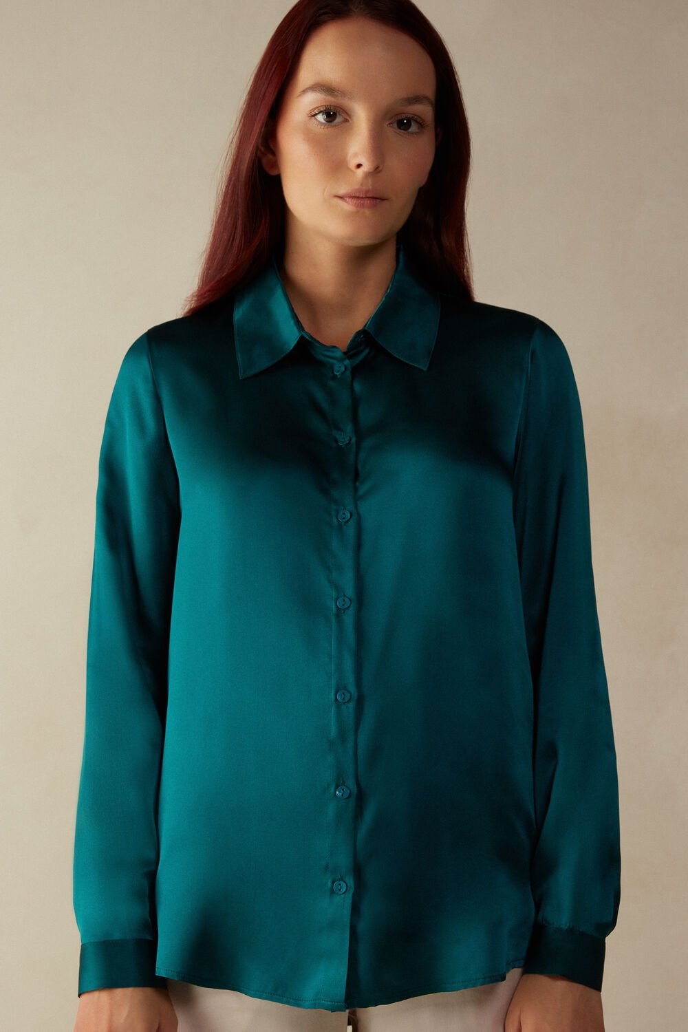 Green - 4572 - Evergreen Intimissimi Long Sleeve Silk Shirt | EJPR-24697