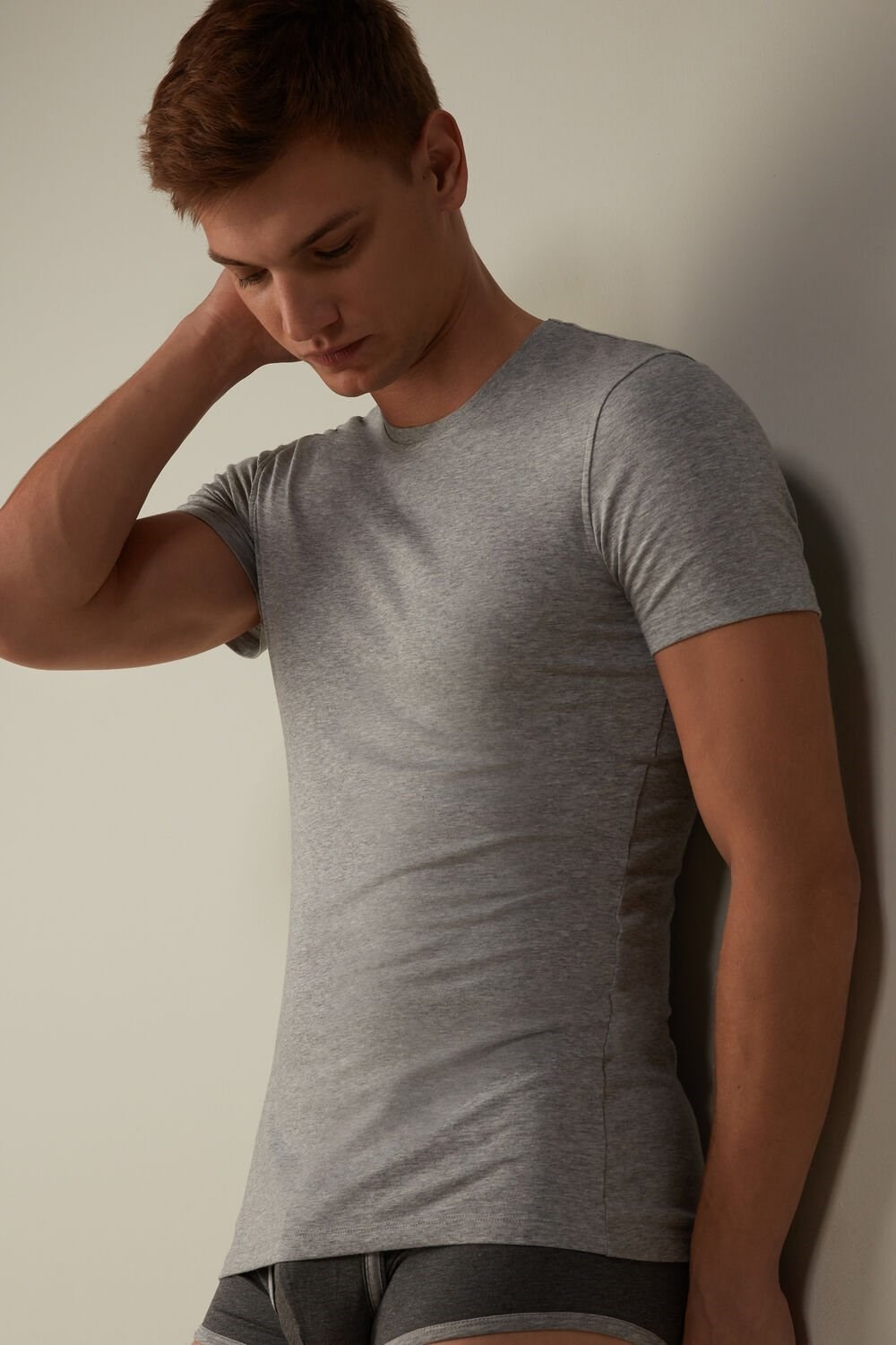 Grey - 031 - Light Heathered Grey Intimissimi T-shirt in Stretch Supima® Cotton | DZKI-48317