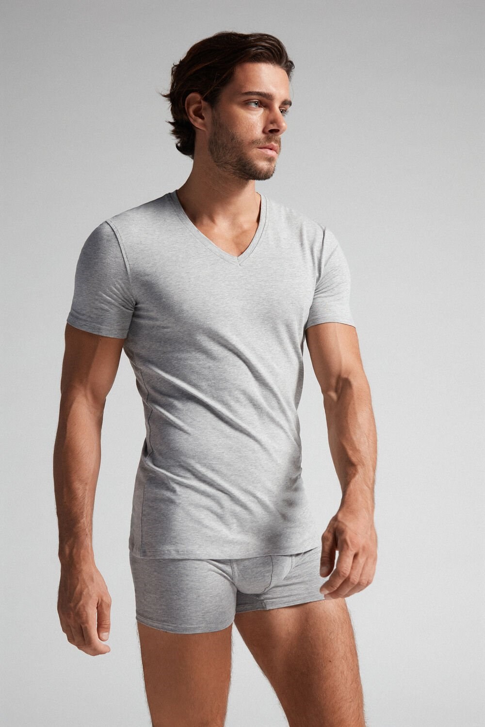 Grey - 031 - Light Heathered Grey Intimissimi V-neck T-shirt in Stretch Supima® Cotton | GUNV-78341