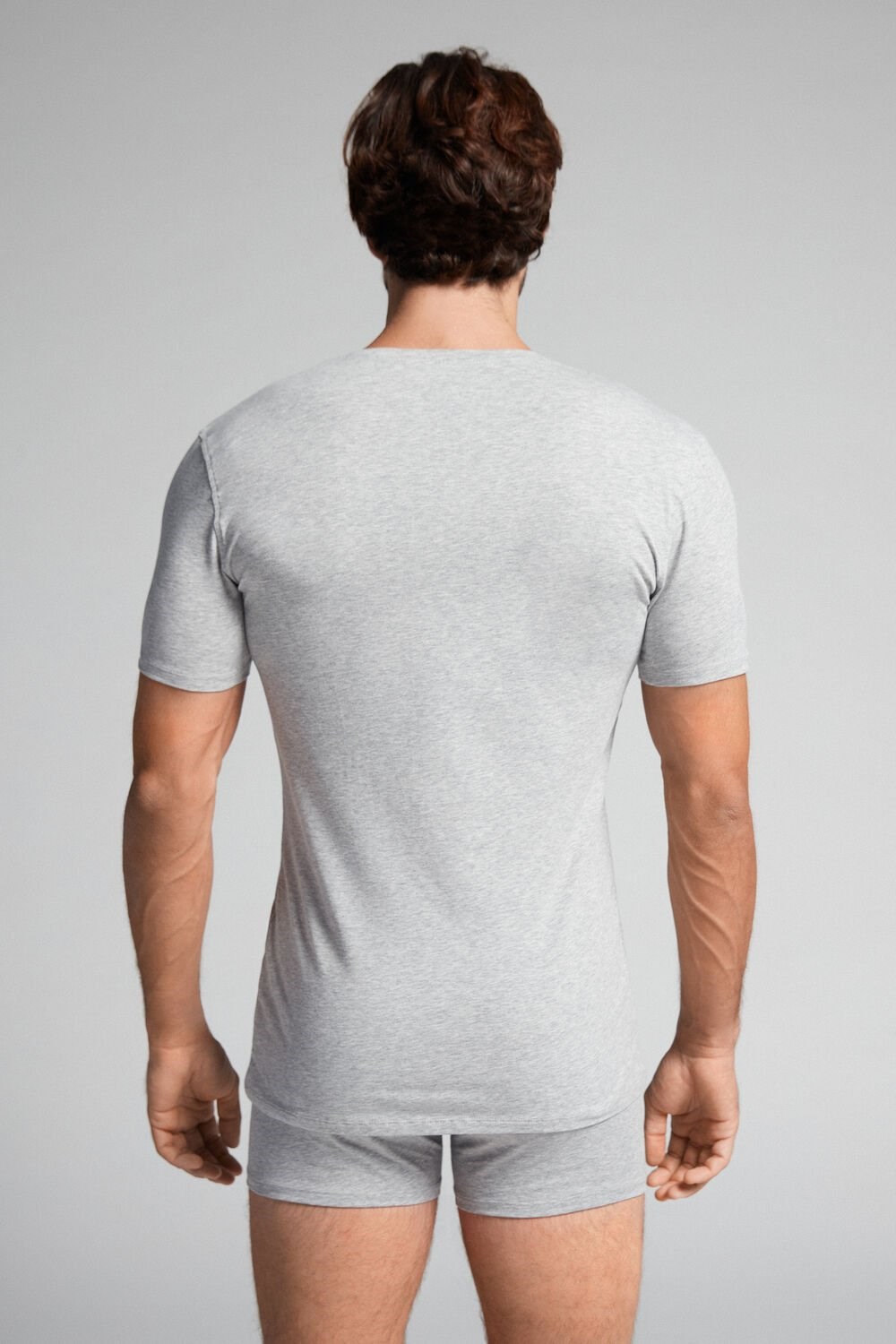 Grey - 031 - Light Heathered Grey Intimissimi V-neck T-shirt in Stretch Supima® Cotton | GUNV-78341