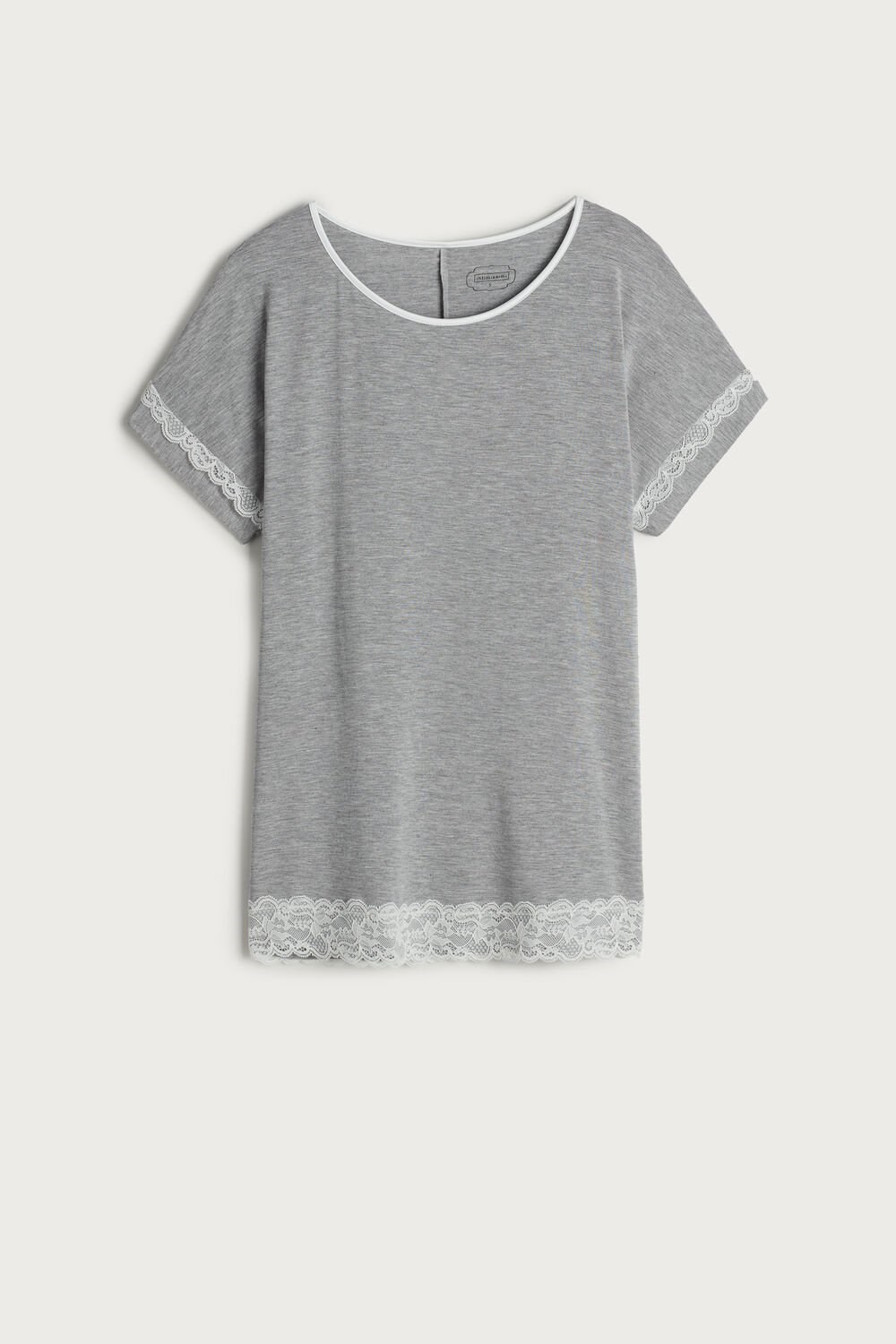 Grey - 031 - Light Heathered Grey Intimissimi Short-Sleeve Modal Top with Lace Detail | KXFS-87502