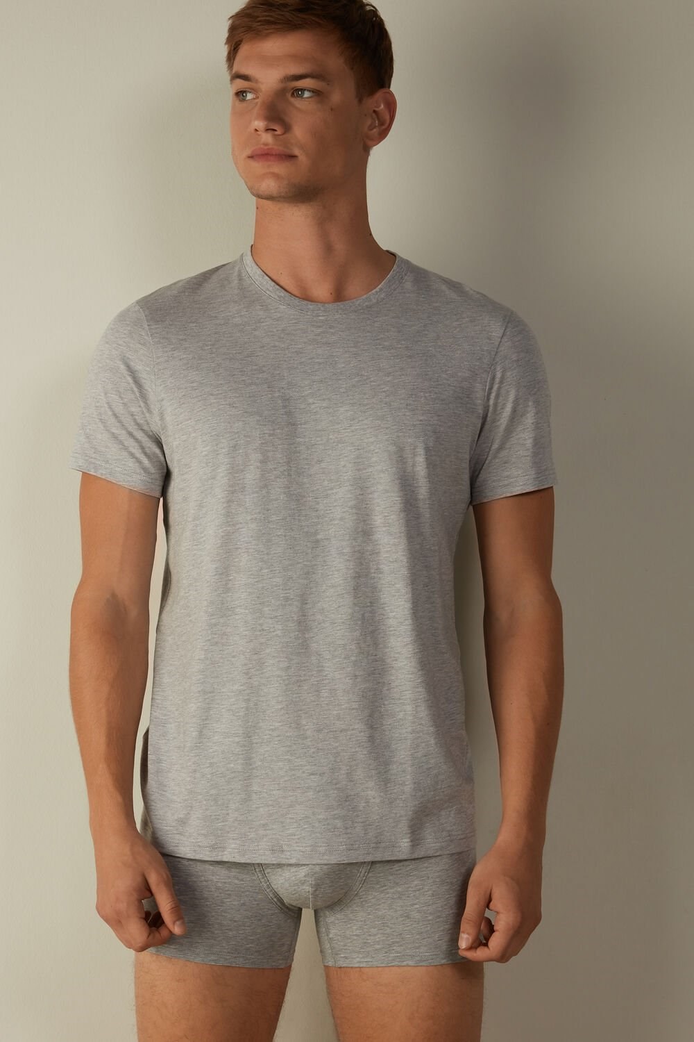 Grey - 031 - Light Heathered Grey Intimissimi Short Sleeve Crew Neck T Shirt in Supima® Cotton | QYMT-29518