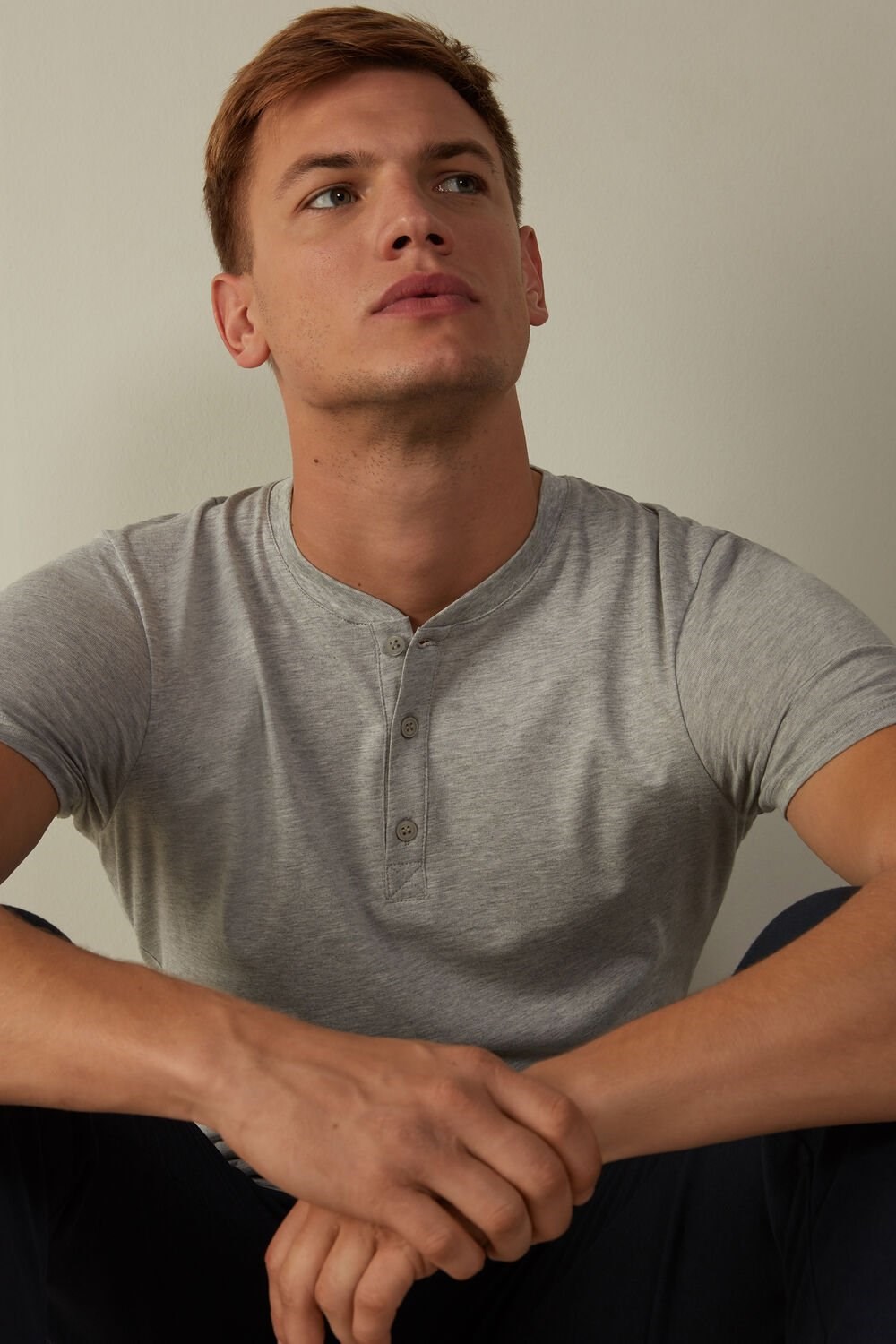 Grey - 031 - Light Heathered Grey Intimissimi Short-Sleeved Supima® Cotton Shirt | YVED-03519