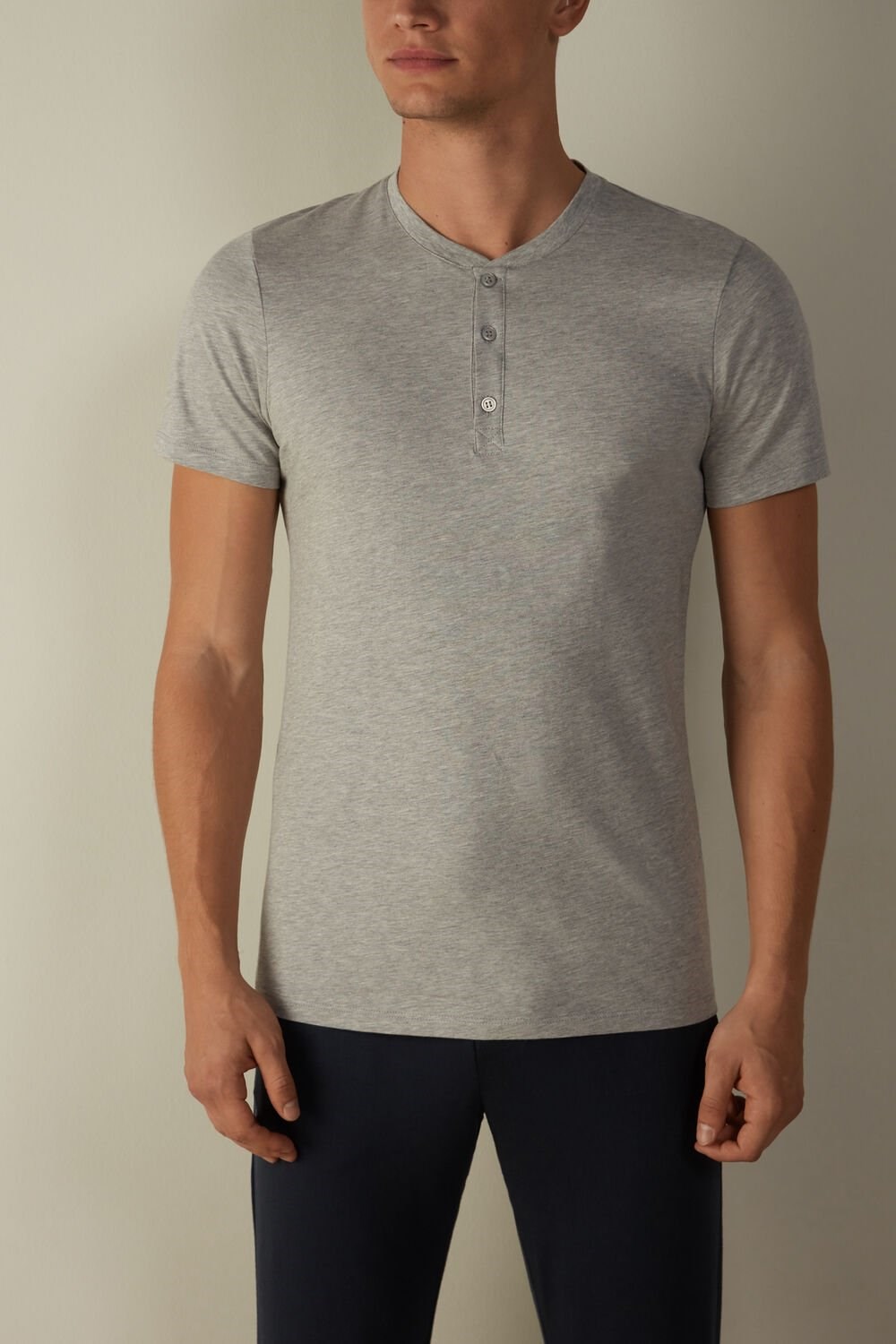 Grey - 031 - Light Heathered Grey Intimissimi Short-Sleeved Supima® Cotton Shirt | YVED-03519