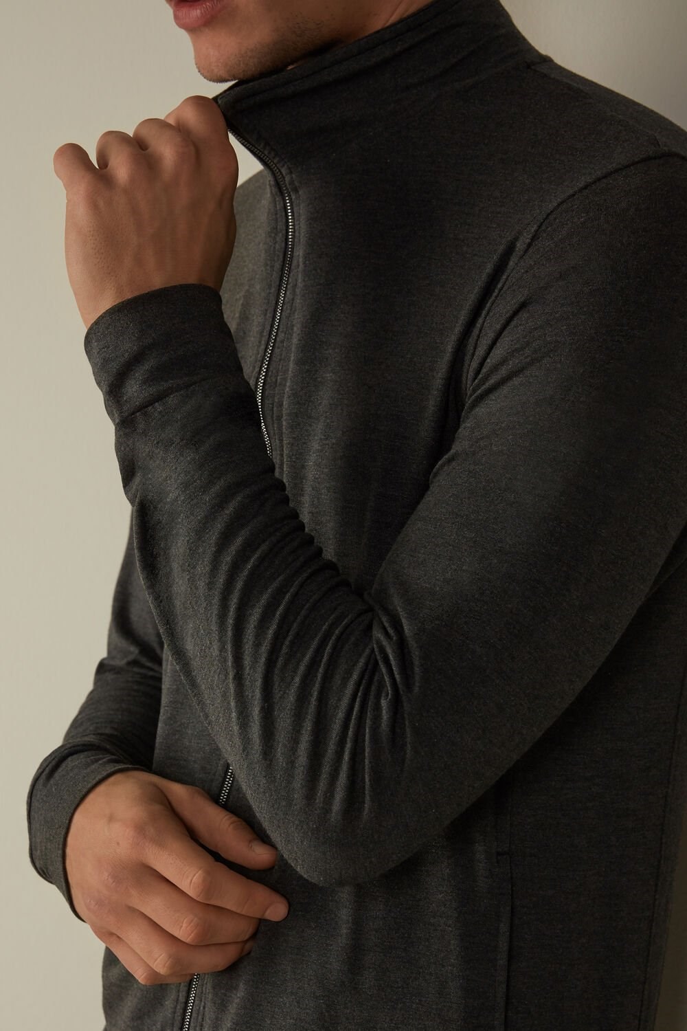 Grey - 040 - Dark Grey Blend Intimissimi Silk and Modal Zip-Up Sweatshirt | RYPM-29813