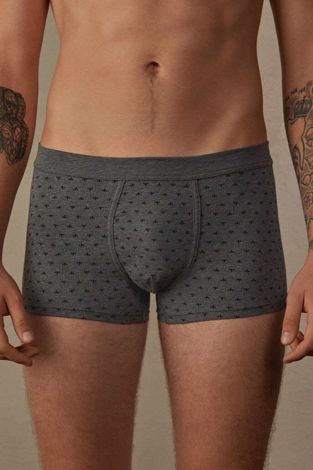 Grey - 068j - Graphite Grey Heather Lily Print Intimissimi Lily Boxers in Stretch Supima® Cotton | FDTR-51297