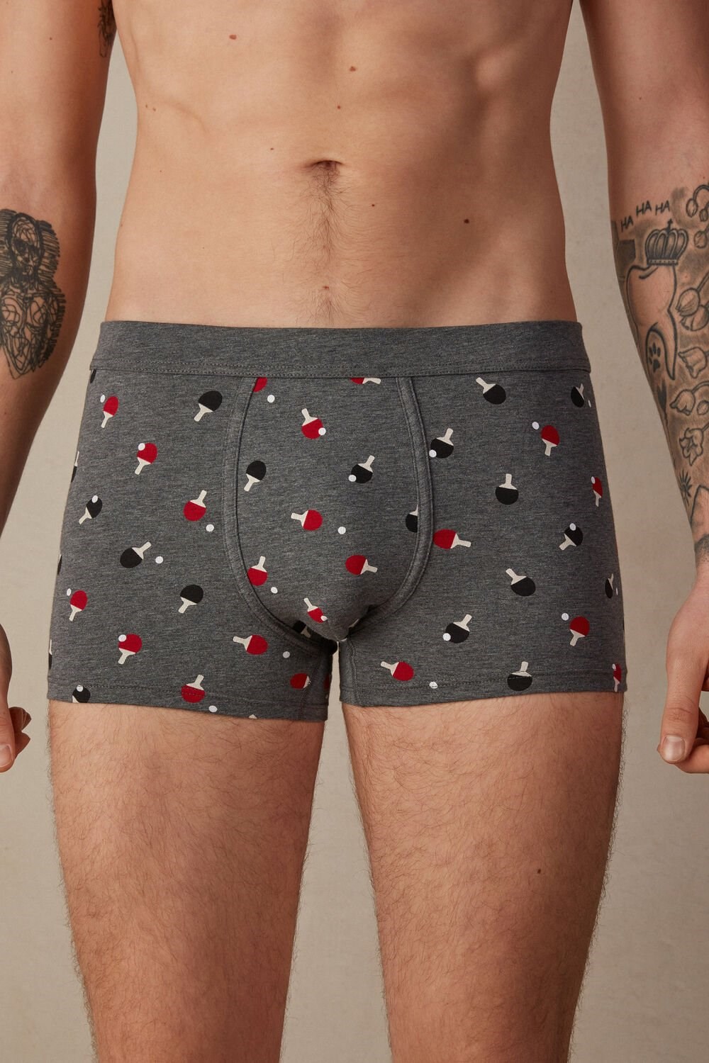 Grey - 193j - Graphite Grey Heather Ping Pong Print Intimissimi Ping Pong Boxers in Stretch Supima® Cotton | NLAT-10972