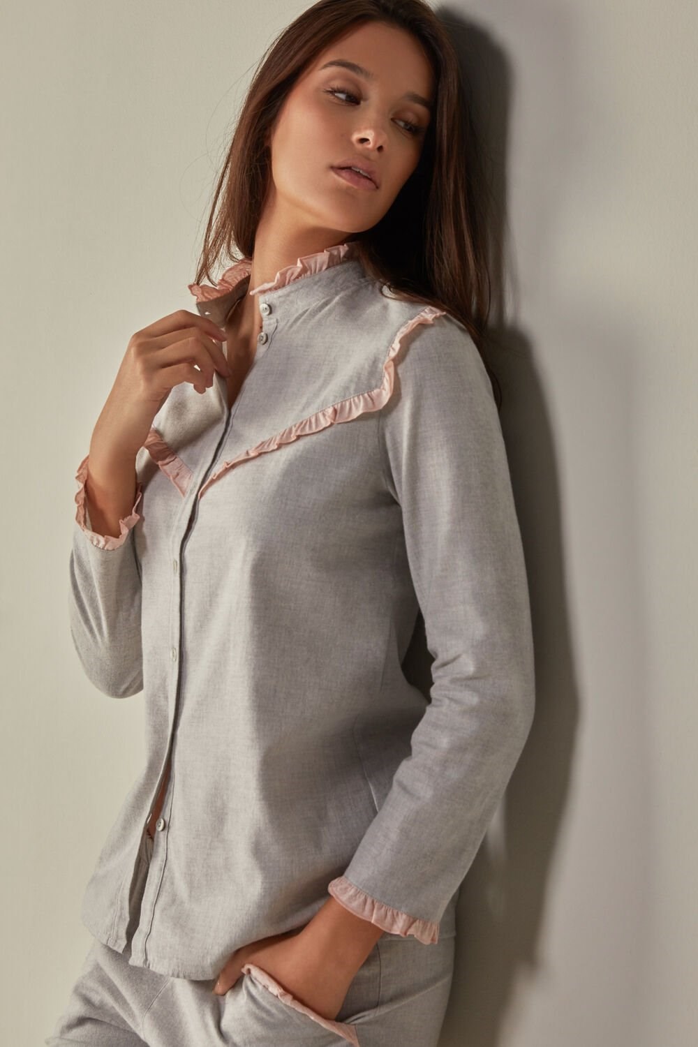 Grey - 833i - Light Grey Heather Intimissimi Cotton Rouches Brushed Cotton Cloth Long Sleeve Shirt | NQSG-79205