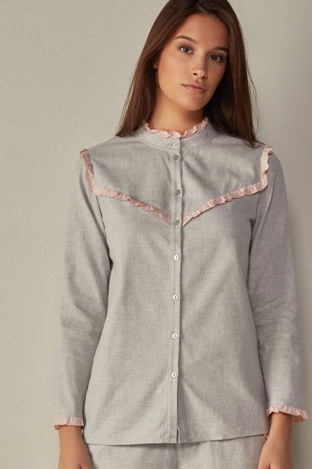 Grey - 833i - Light Grey Heather Intimissimi Cotton Rouches Brushed Cotton Cloth Long Sleeve Shirt | NQSG-79205