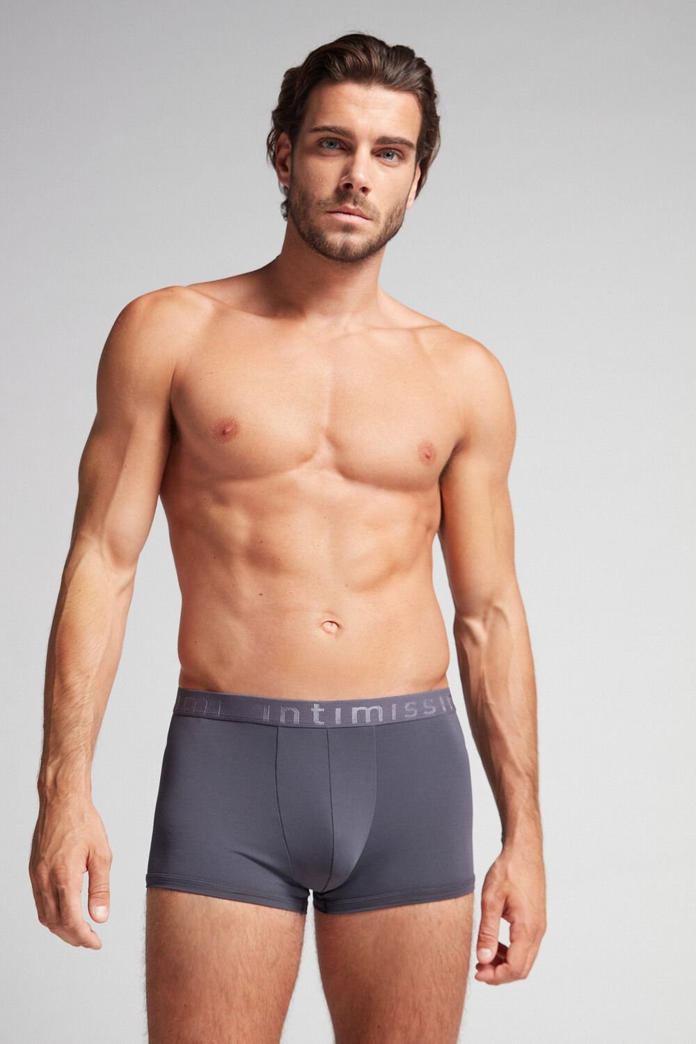 Grey - 9963 - Soot Grey Intimissimi Microfiber Logo Boxer Shorts | NRYM-15428