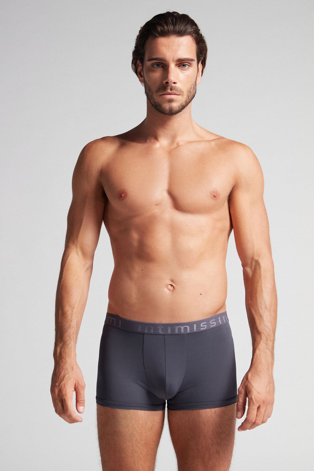 Grey - 9963 - Soot Grey Intimissimi Microfiber Logo Boxer Shorts | NRYM-15428