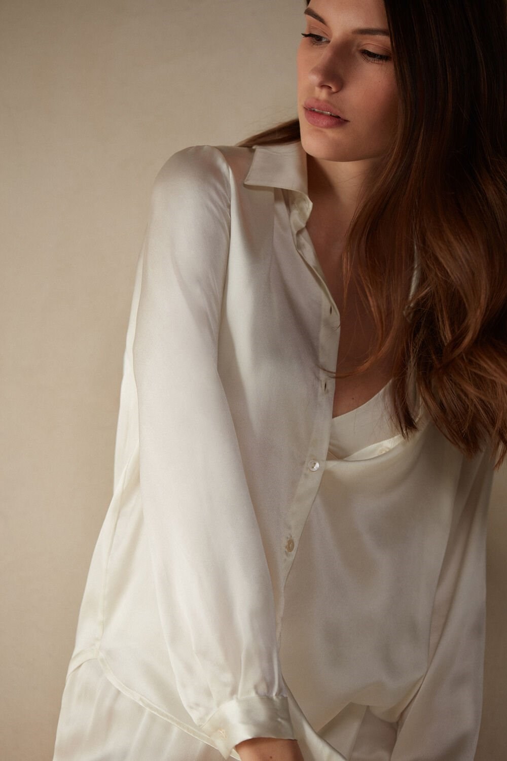 Ivory - 2127 - Talc White Intimissimi Long Sleeve Silk Shirt | VDKL-37694