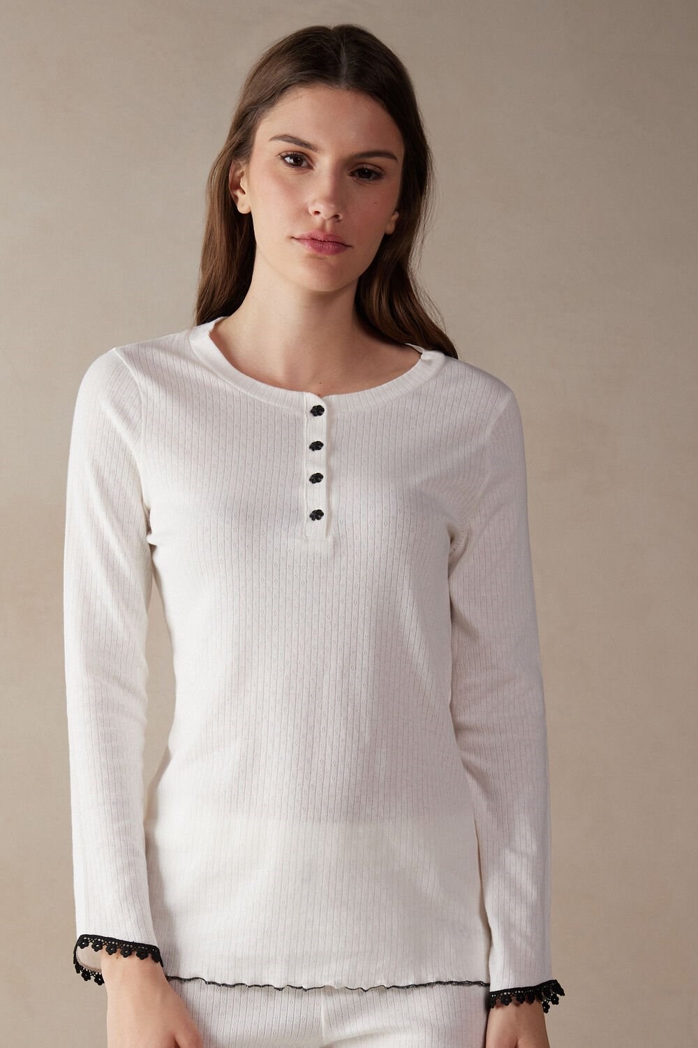 Ivory - 2127 - Talc White Intimissimi Pure Joy Long Sleeve Henley Top | KEQG-45921