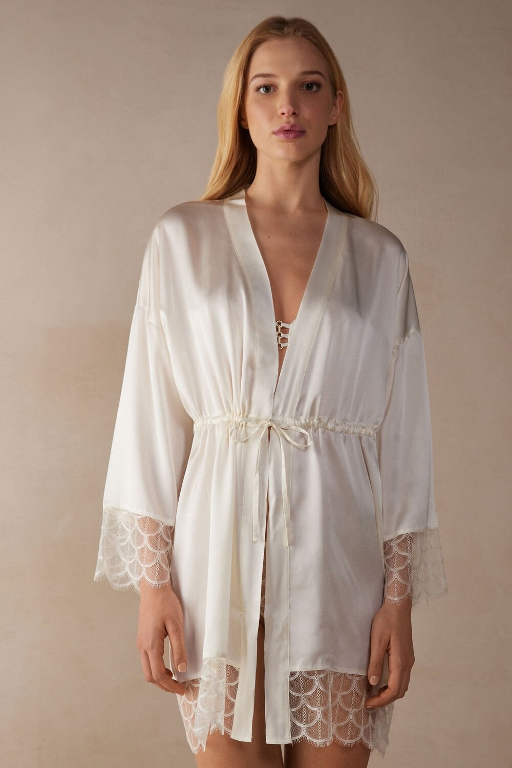 Ivory - 2127 - Talc White Intimissimi Pure Charme Silk Kimono | TBUO-73569