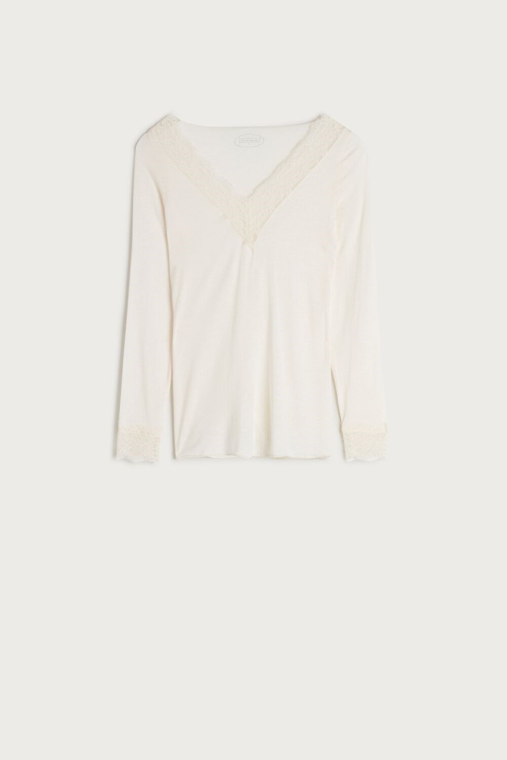 Ivory - 231i - Vanilla Intimissimi Modal Cashmere Ultralight Long Lace Shirt | VQLW-40538