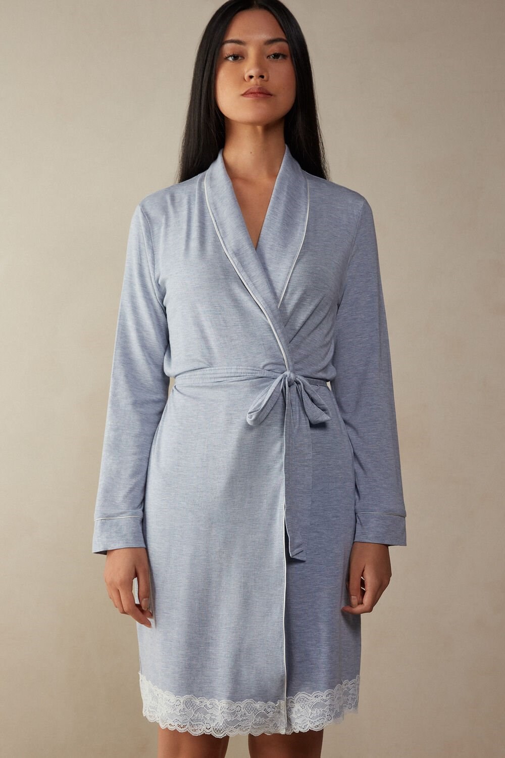 Light Blue - 009j - Heathered Light Blue Intimissimi Modal Lace Detail Robe | ACKG-82137