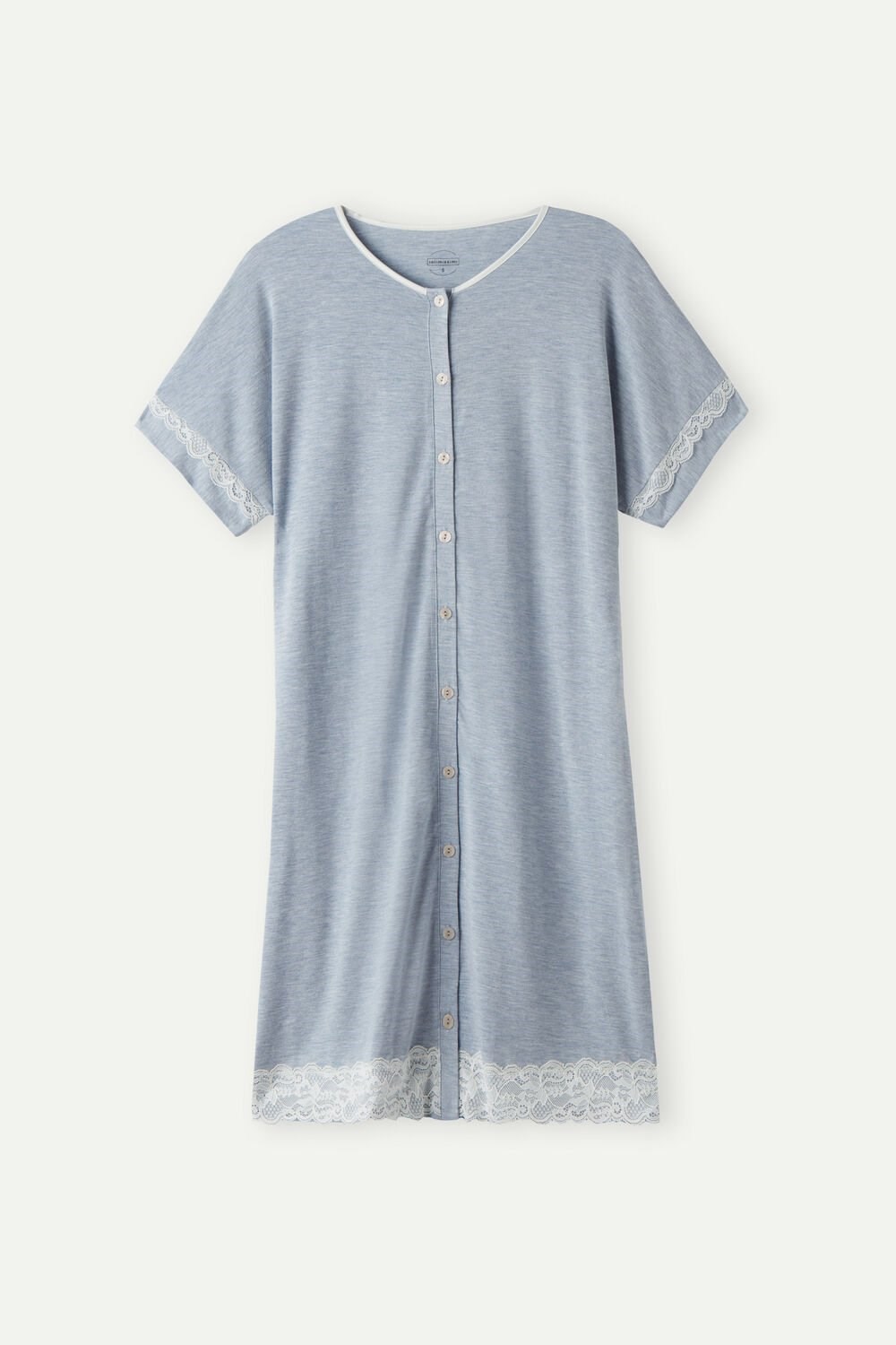 Light Blue - 009j - Heathered Light Blue Intimissimi Lace Trim Button Up Nightgown | MLWP-49630