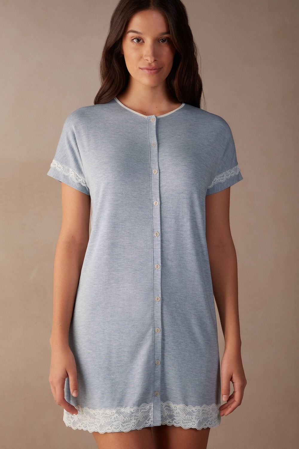 Light Blue - 009j - Heathered Light Blue Intimissimi Lace Trim Button Up Nightgown | MLWP-49630