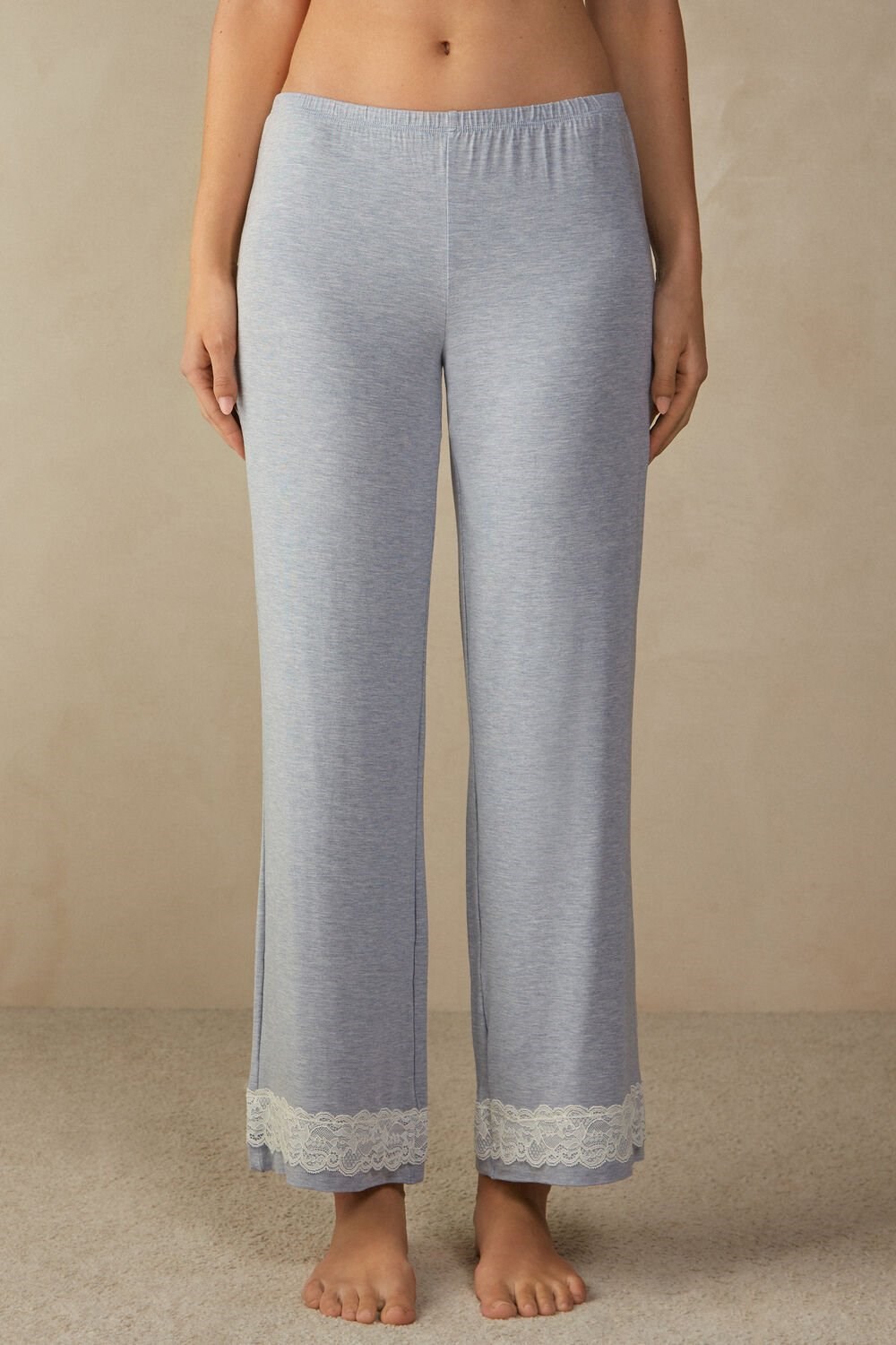 Light Blue - 009j - Heathered Light Blue Intimissimi Lace Trim Full Length Pants in Modal | VRSG-69780