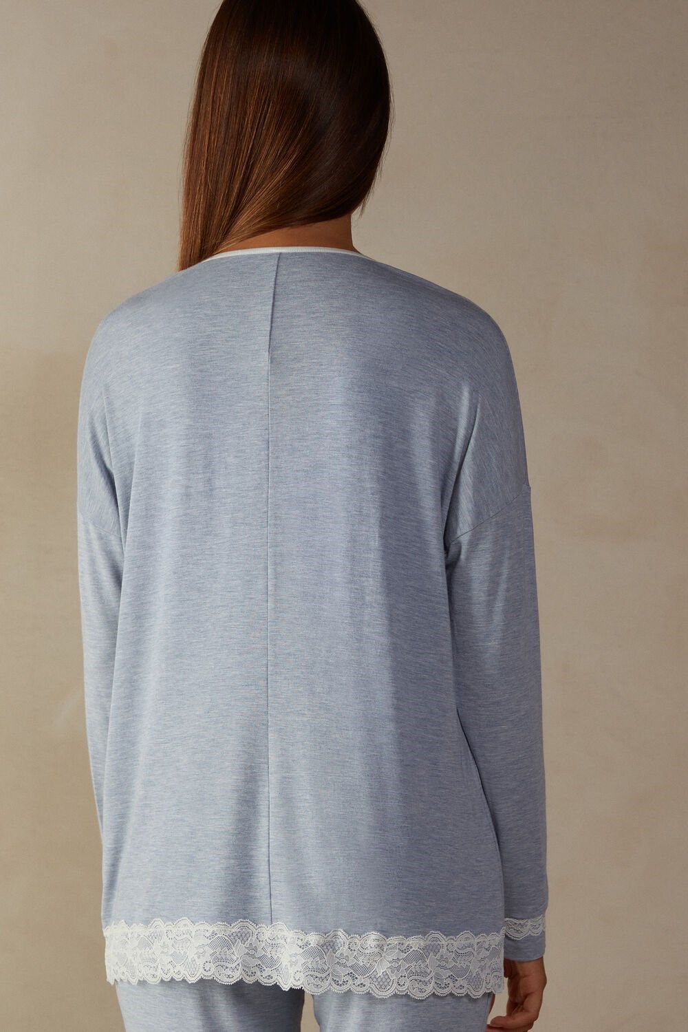 Light Blue - 009j - Heathered Light Blue Intimissimi Long-Sleeve Round-Neck Modal Top | ZHNQ-72469