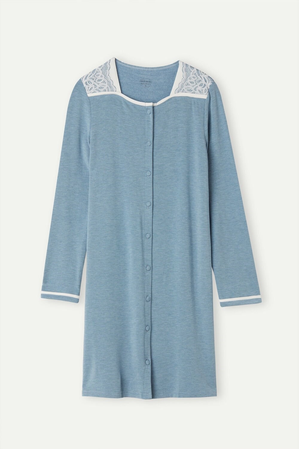 Light Blue - 145j - Light Blue Heather / Powder Intimissimi Romantic Bedroom Button Up Night Shirt in Modal with Wool | DVTB-38609