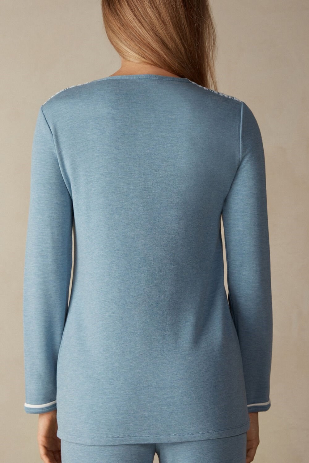 Light Blue - 145j - Light Blue Heather / Powder Intimissimi Romantic Bedroom Button Up Top in Modal with Wool | FDPX-68470